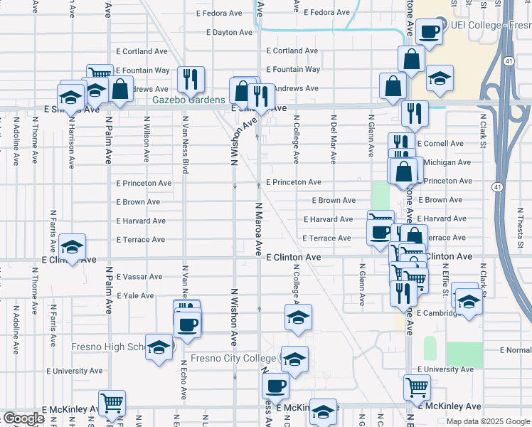 map of restaurants, bars, coffee shops, grocery stores, and more near 2562 North Maroa Avenue in Fresno