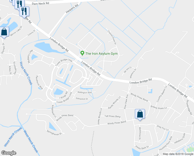 map of restaurants, bars, coffee shops, grocery stores, and more near 1816 Riddlesworth Drive in Virginia Beach