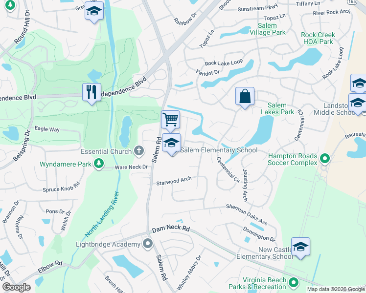 map of restaurants, bars, coffee shops, grocery stores, and more near 3960 Salem Lakes Boulevard in Virginia Beach