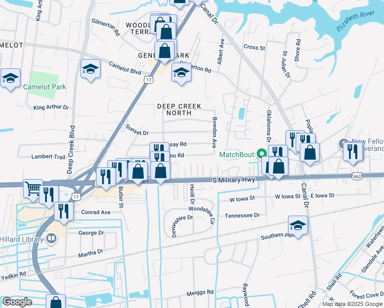 map of restaurants, bars, coffee shops, grocery stores, and more near 2416 Lofurno Road in Chesapeake