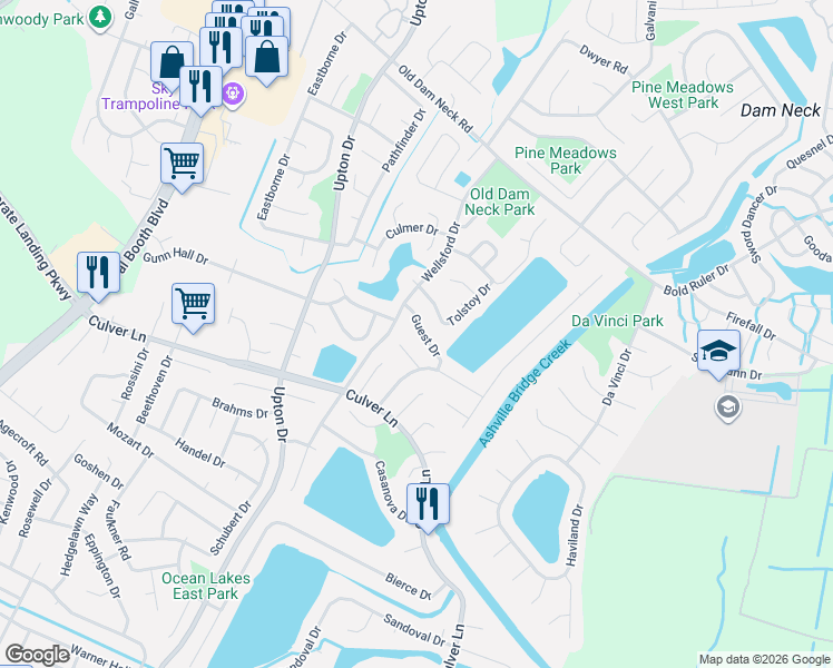 map of restaurants, bars, coffee shops, grocery stores, and more near 1069 Guest Drive in Virginia Beach