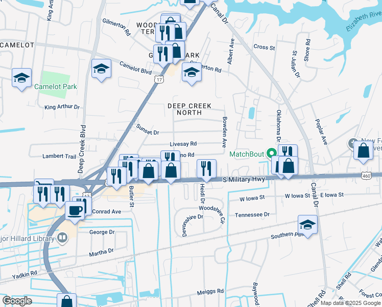 map of restaurants, bars, coffee shops, grocery stores, and more near 2424 Lofurno Road in Chesapeake