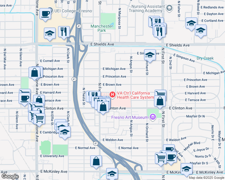 map of restaurants, bars, coffee shops, grocery stores, and more near 2629 East Harvard Avenue in Fresno