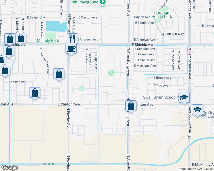 map of restaurants, bars, coffee shops, grocery stores, and more near 2696 North Burl Avenue in Fresno