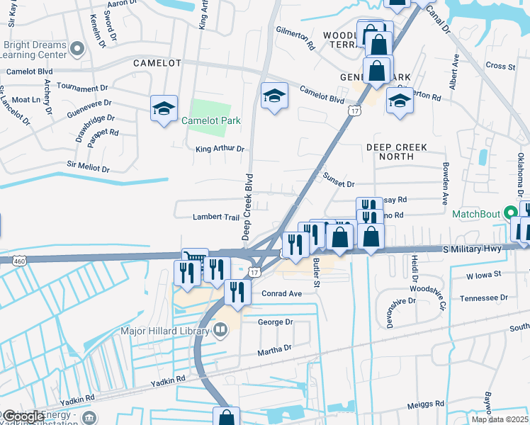 map of restaurants, bars, coffee shops, grocery stores, and more near 2721 Deep Creek Common in Chesapeake
