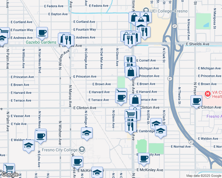 map of restaurants, bars, coffee shops, grocery stores, and more near 1450 East Harvard Avenue in Fresno