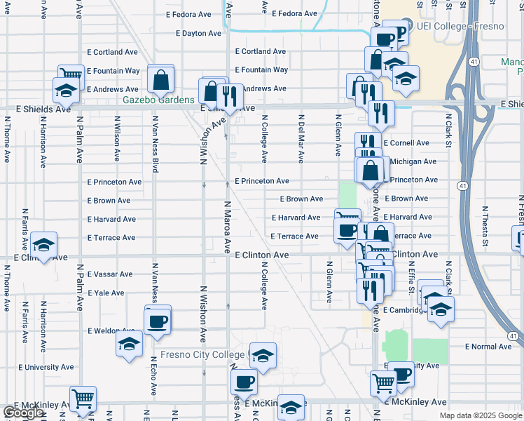 map of restaurants, bars, coffee shops, grocery stores, and more near 1048 East Harvard Avenue in Fresno