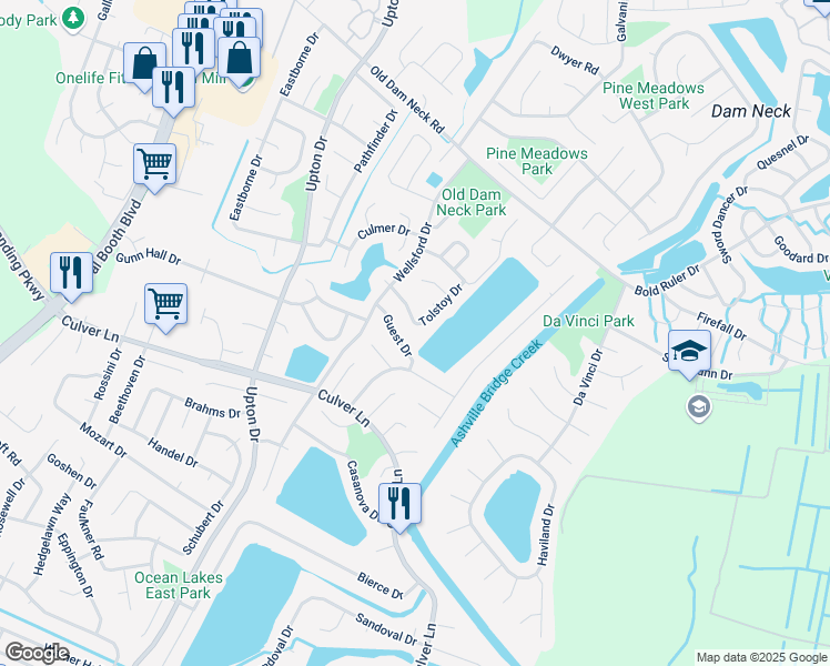 map of restaurants, bars, coffee shops, grocery stores, and more near 1057 Guest Drive in Virginia Beach