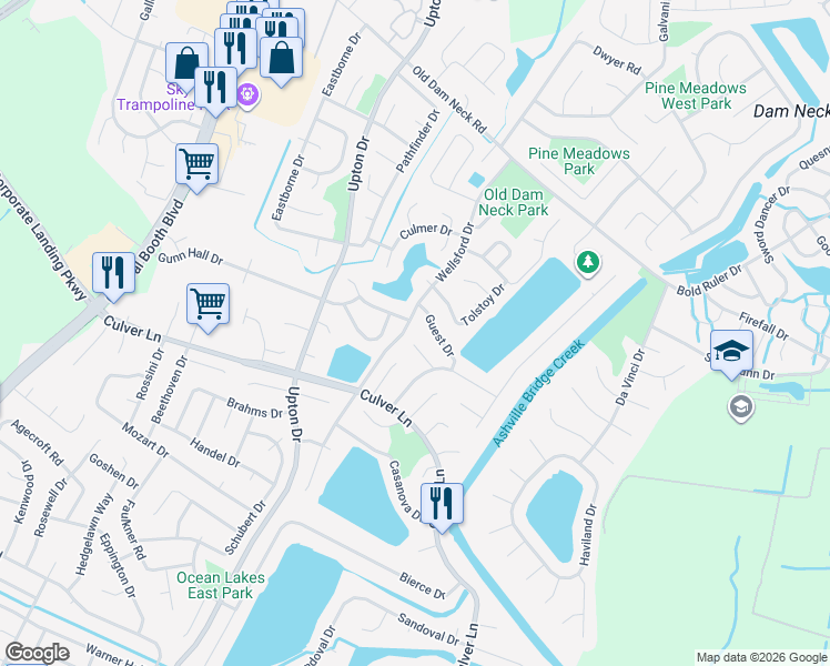 map of restaurants, bars, coffee shops, grocery stores, and more near 1093 Gershwin Court in Virginia Beach