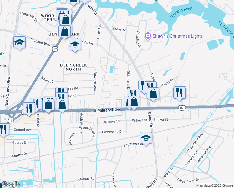 map of restaurants, bars, coffee shops, grocery stores, and more near 2139 Broadmoor Avenue in Chesapeake