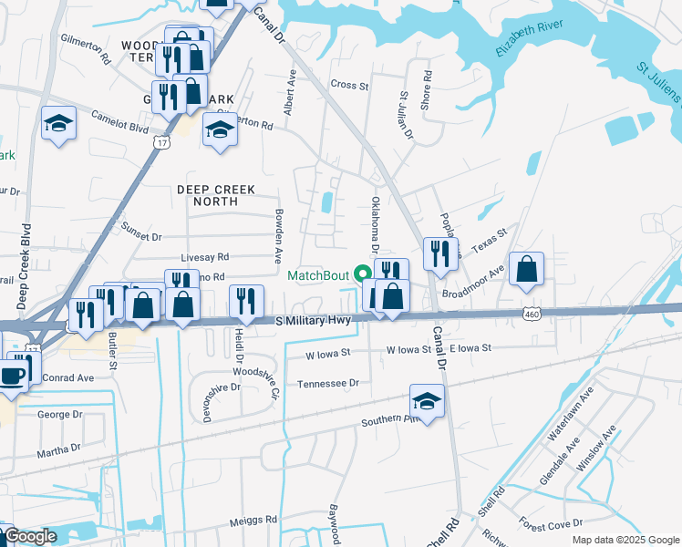 map of restaurants, bars, coffee shops, grocery stores, and more near 2139 Broadmoor Avenue in Chesapeake
