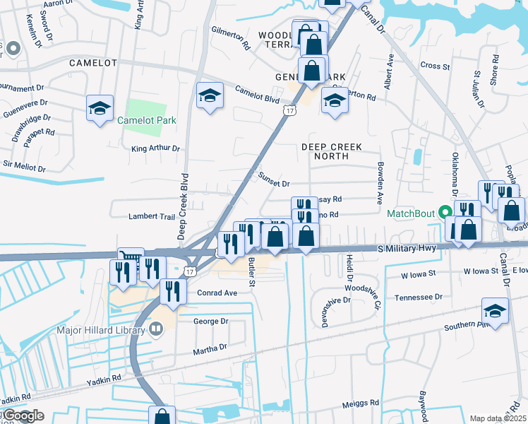 map of restaurants, bars, coffee shops, grocery stores, and more near 2527 Lofurno Road in Chesapeake