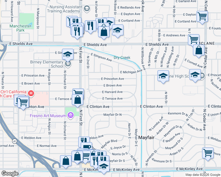 map of restaurants, bars, coffee shops, grocery stores, and more near 2615 North Bond Street in Fresno