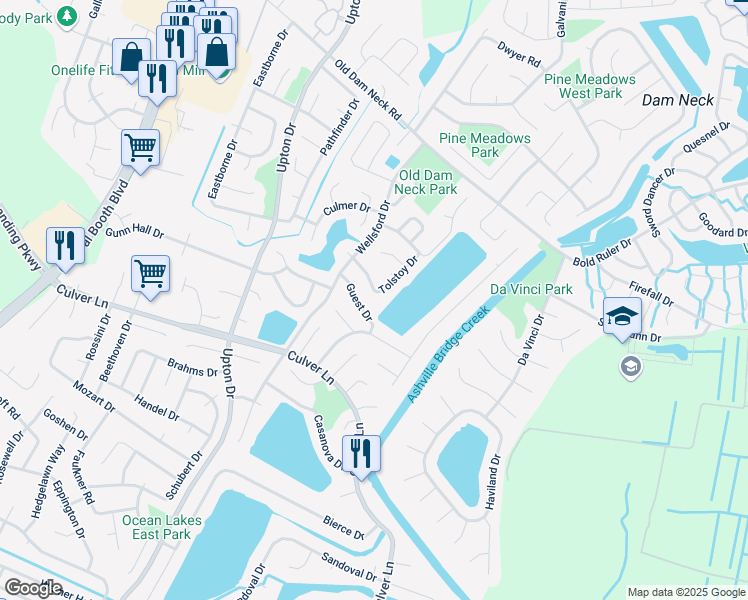 map of restaurants, bars, coffee shops, grocery stores, and more near 1057 Guest Drive in Virginia Beach
