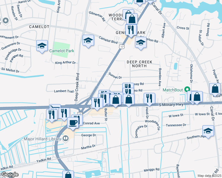 map of restaurants, bars, coffee shops, grocery stores, and more near 2527 Lofurno Road in Chesapeake