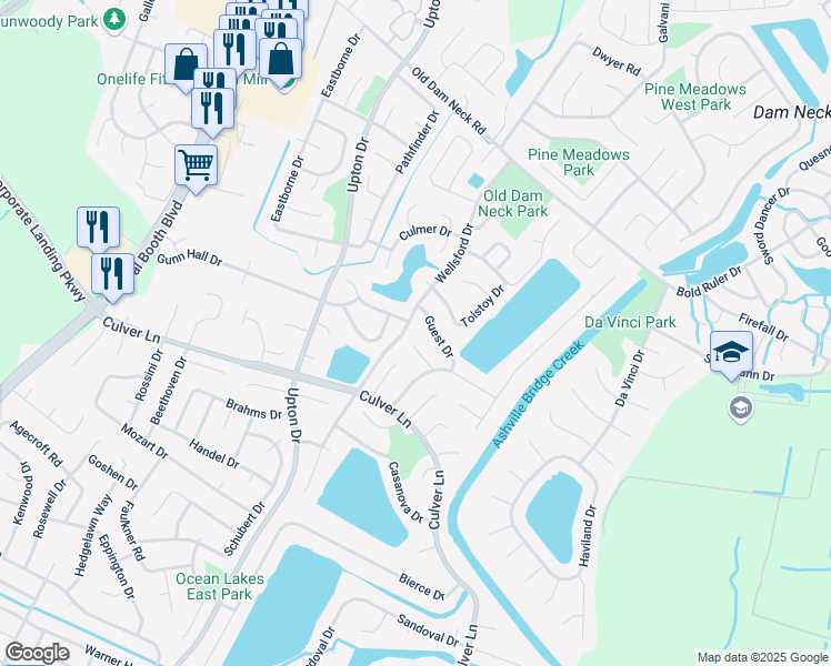 map of restaurants, bars, coffee shops, grocery stores, and more near 1093 Gershwin Court in Virginia Beach