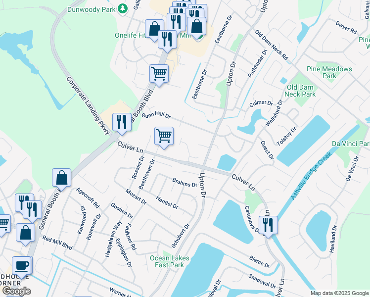 map of restaurants, bars, coffee shops, grocery stores, and more near 1817 Mullholand Drive in Virginia Beach