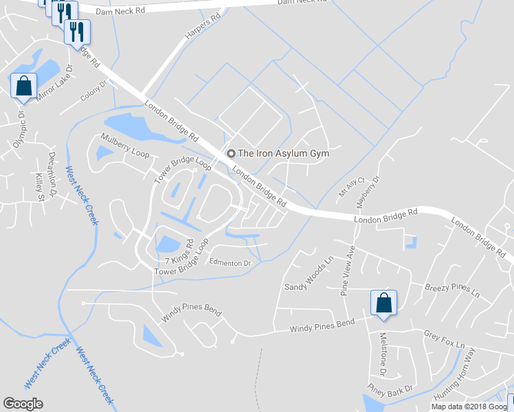 map of restaurants, bars, coffee shops, grocery stores, and more near 1824 Kensal Green Drive in Virginia Beach