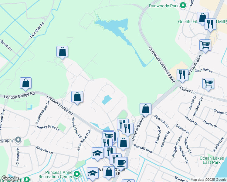 map of restaurants, bars, coffee shops, grocery stores, and more near 1829 Finsbury Lane in Virginia Beach