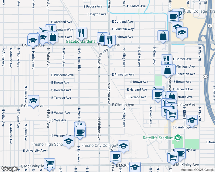 map of restaurants, bars, coffee shops, grocery stores, and more near 834 East Harvard Avenue in Fresno