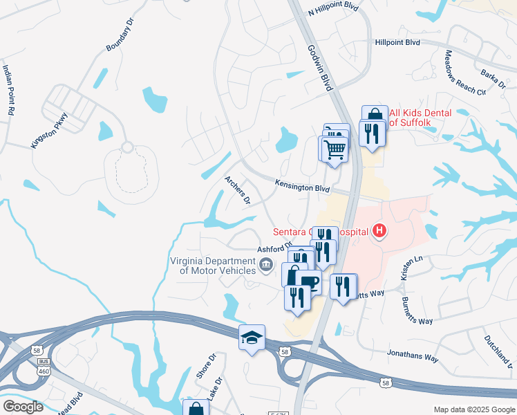 map of restaurants, bars, coffee shops, grocery stores, and more near 117 Tournament Court in Suffolk
