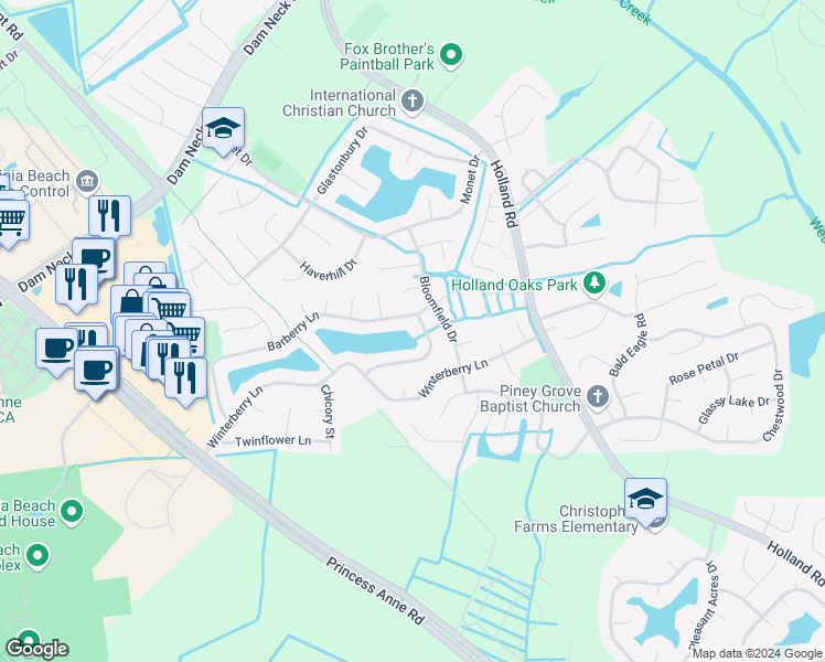 map of restaurants, bars, coffee shops, grocery stores, and more near 3100 Crestwood Lane in Virginia Beach