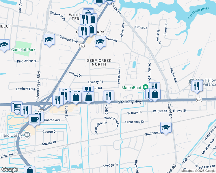 map of restaurants, bars, coffee shops, grocery stores, and more near 2414 Lofurno Road in Chesapeake