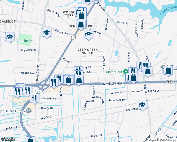 map of restaurants, bars, coffee shops, grocery stores, and more near 2424 Lofurno Road in Chesapeake