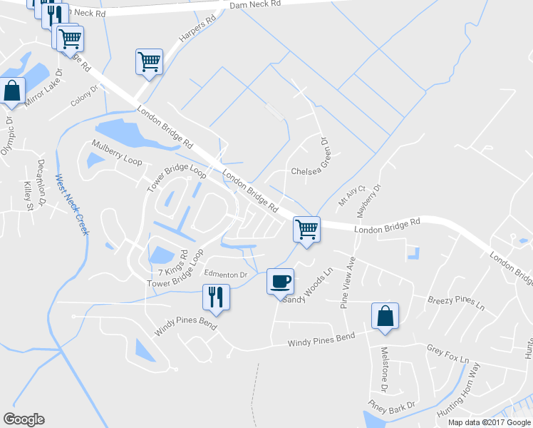 map of restaurants, bars, coffee shops, grocery stores, and more near 1804 Riddlesworth Drive in Virginia Beach