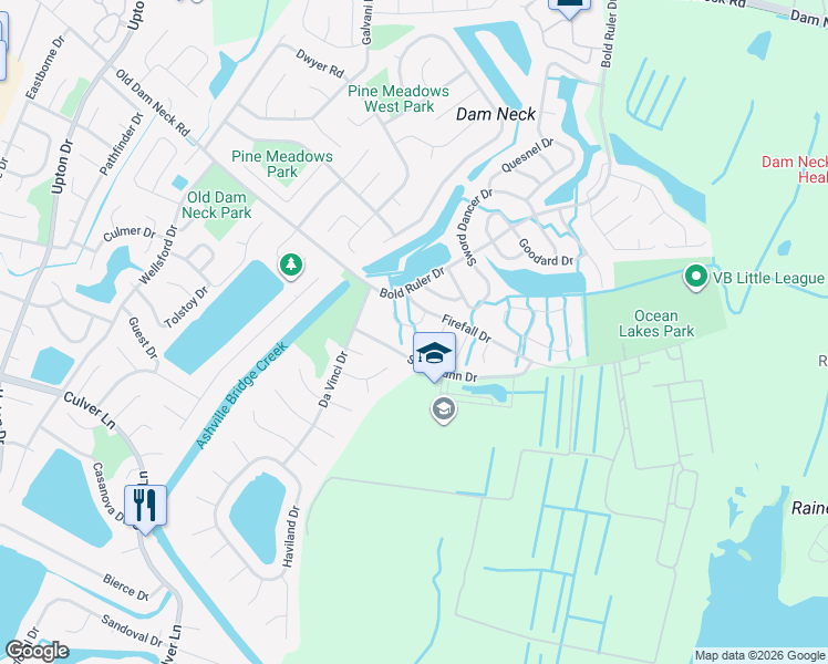 map of restaurants, bars, coffee shops, grocery stores, and more near 924 Firefall Court in Virginia Beach