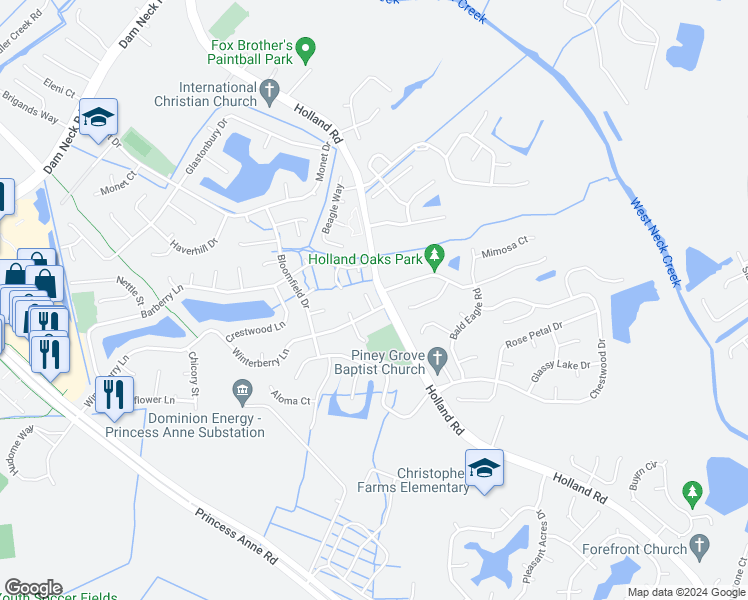 map of restaurants, bars, coffee shops, grocery stores, and more near 1812 Winter Wheat Court in Virginia Beach