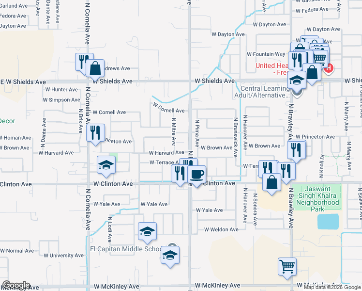 map of restaurants, bars, coffee shops, grocery stores, and more near 4449 West Harvard Avenue in Fresno