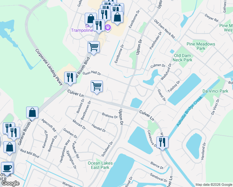 map of restaurants, bars, coffee shops, grocery stores, and more near 1208 Renoir Court in Virginia Beach