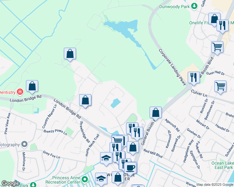 map of restaurants, bars, coffee shops, grocery stores, and more near 1804 Finsbury Lane in Virginia Beach