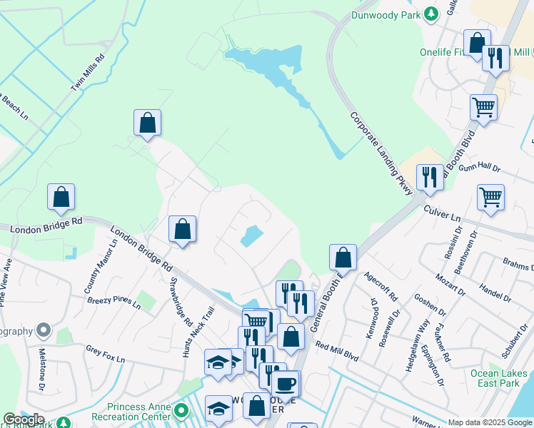 map of restaurants, bars, coffee shops, grocery stores, and more near 1829 Finsbury Lane in Virginia Beach