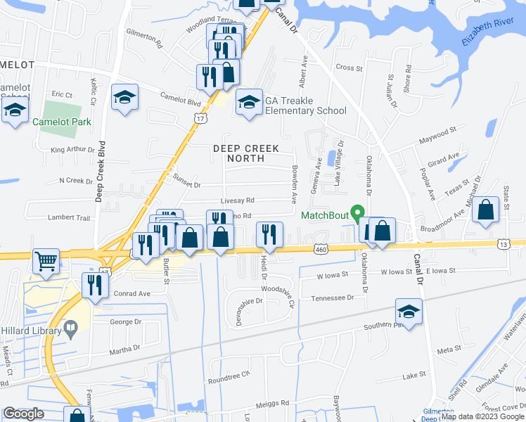 map of restaurants, bars, coffee shops, grocery stores, and more near 2416 Lofurno Road in Chesapeake