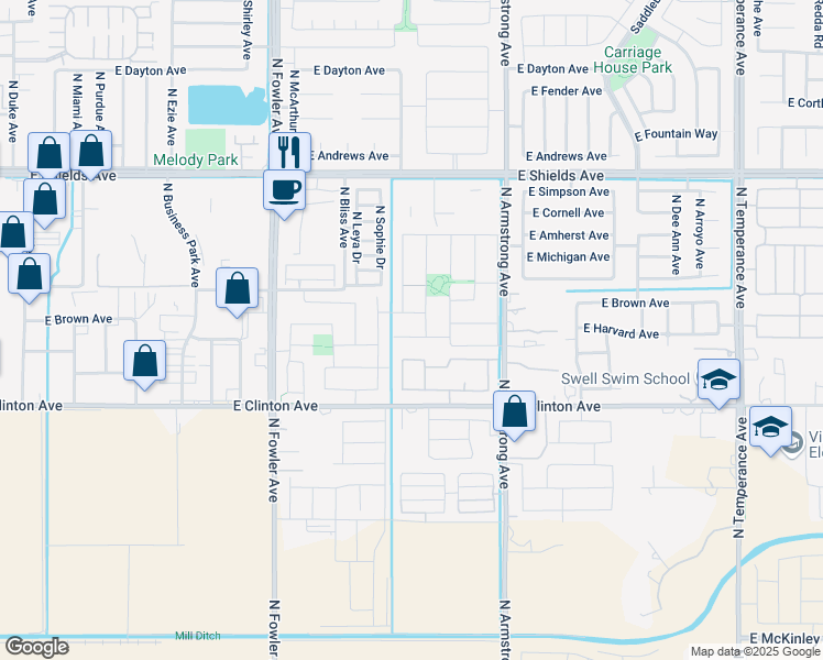 map of restaurants, bars, coffee shops, grocery stores, and more near 6259 East Harvard Avenue in Fresno