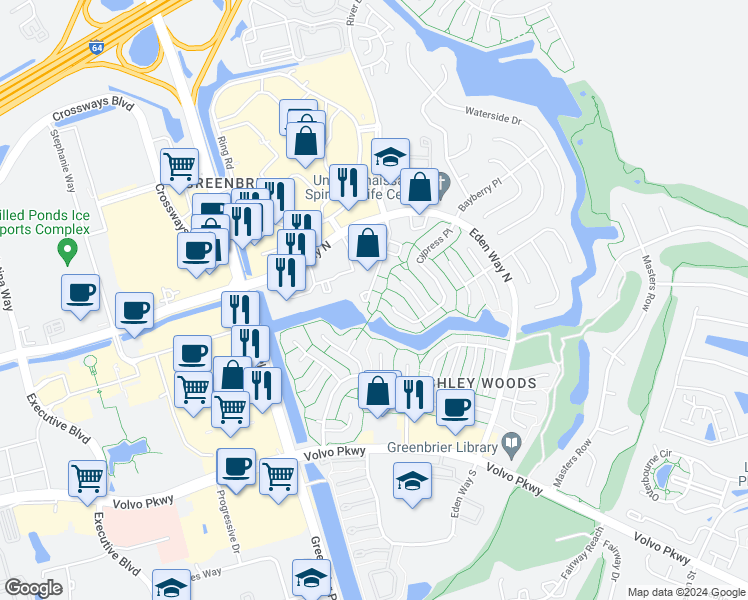 map of restaurants, bars, coffee shops, grocery stores, and more near 1307 River Birch Run South in Chesapeake