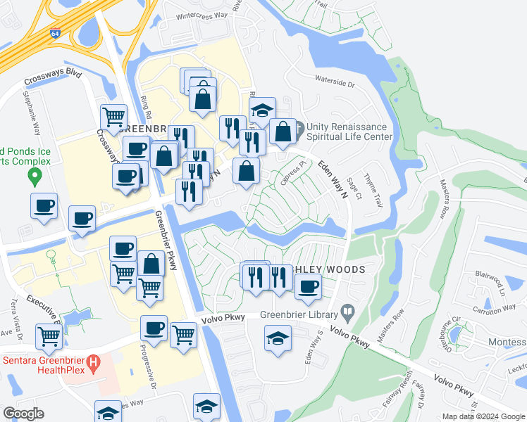 map of restaurants, bars, coffee shops, grocery stores, and more near 1300 Cypress Place in Chesapeake