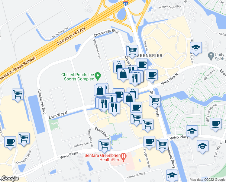 map of restaurants, bars, coffee shops, grocery stores, and more near 1407 Stephanie Way in Chesapeake
