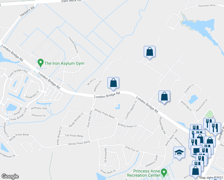 map of restaurants, bars, coffee shops, grocery stores, and more near 2274 London Bridge Road in Virginia Beach