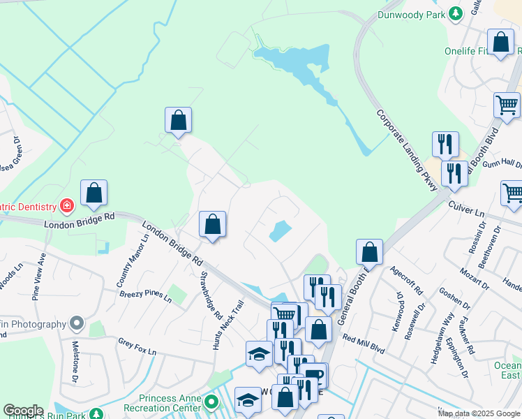 map of restaurants, bars, coffee shops, grocery stores, and more near 1884 Finsbury Lane in Virginia Beach