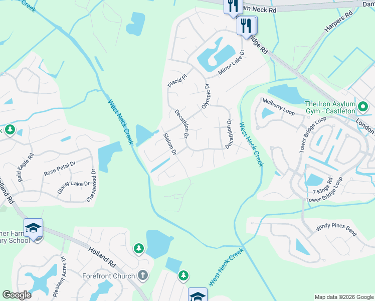 map of restaurants, bars, coffee shops, grocery stores, and more near 2601 Mayfield Drive in Virginia Beach
