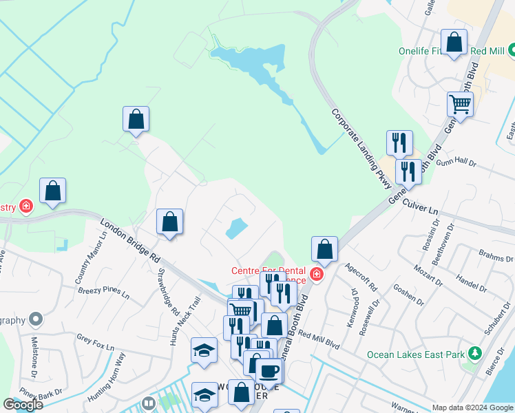 map of restaurants, bars, coffee shops, grocery stores, and more near 1824 Finsbury Lane in Virginia Beach
