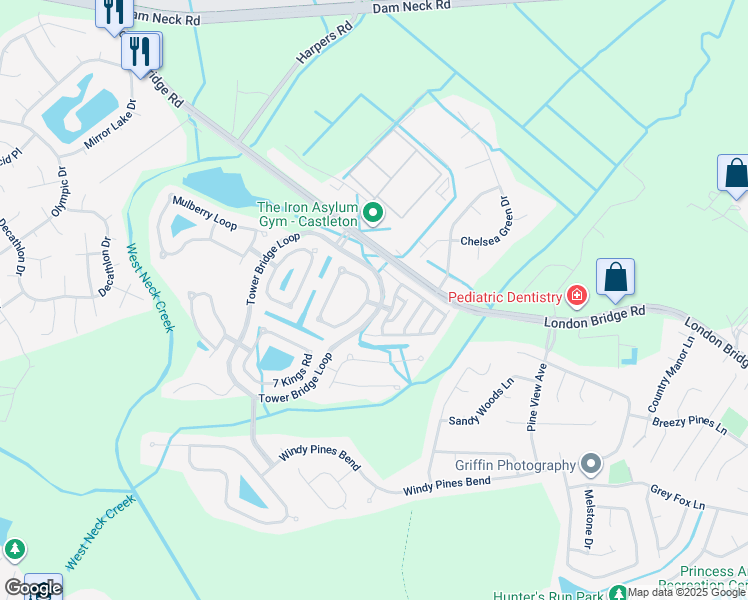 map of restaurants, bars, coffee shops, grocery stores, and more near Somersby Lane in Virginia Beach