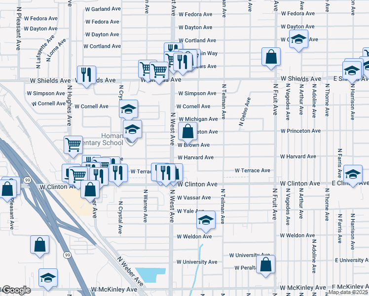 map of restaurants, bars, coffee shops, grocery stores, and more near 1203 West Brown Avenue in Fresno