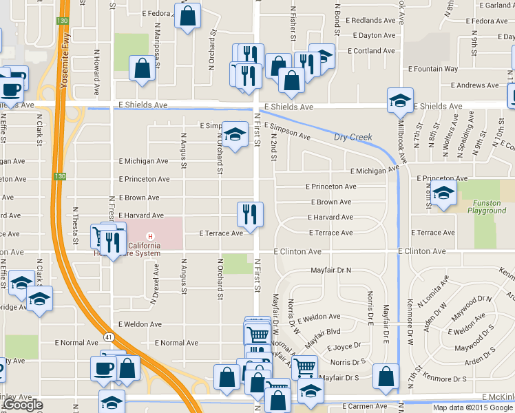 map of restaurants, bars, coffee shops, grocery stores, and more near 2626 North 1st Street in Fresno