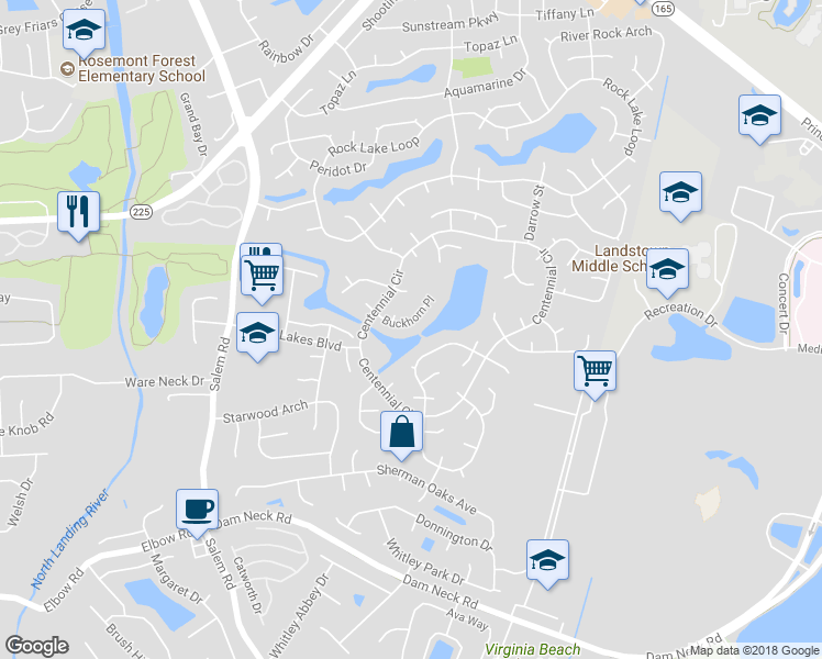 map of restaurants, bars, coffee shops, grocery stores, and more near 3837 Buckhorn Place in Virginia Beach