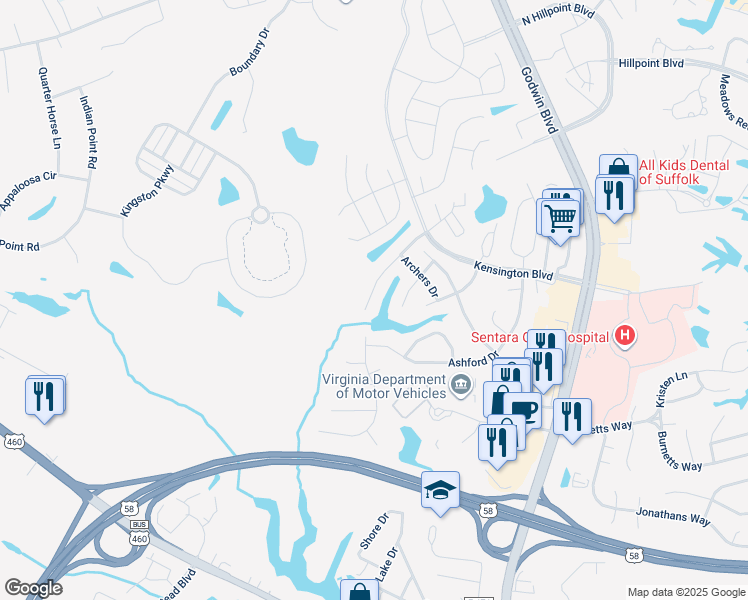 map of restaurants, bars, coffee shops, grocery stores, and more near 131 Nottingham Boulevard in Suffolk