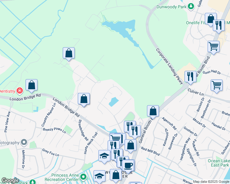 map of restaurants, bars, coffee shops, grocery stores, and more near 1804 Finsbury Lane in Virginia Beach